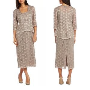 R & M Richards Womens 12 Sequined Lace Sheah Dress & Jacket Silver Sequin Formal